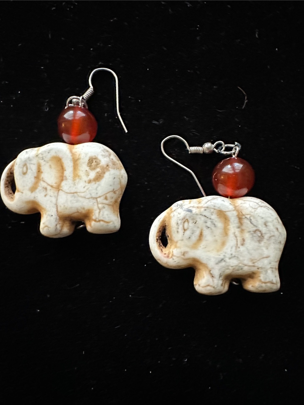 Vintage Handcrafted White Elephant Drop Earrings with Amber Beads
